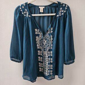 Teal Embroidered Boho Blouse Size Small